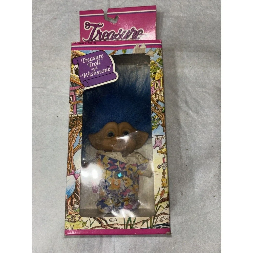 Vintage TREASURE TROLLS DOLL With Wishstone Ace Novelty  Blue Hair.  CH